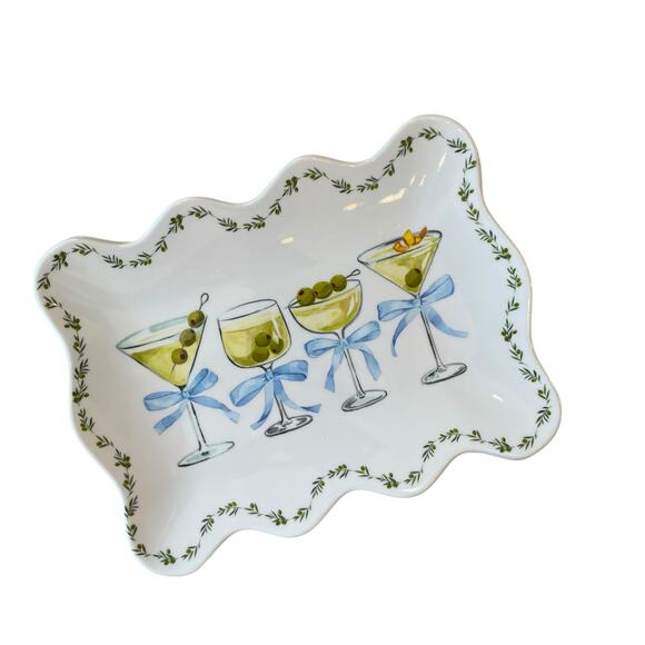 Rachel Zoe Cocktails & Bows Melamine Appetizer Plates 9x6 Set of 4 Scalloped NEW - Picture 7 of 14